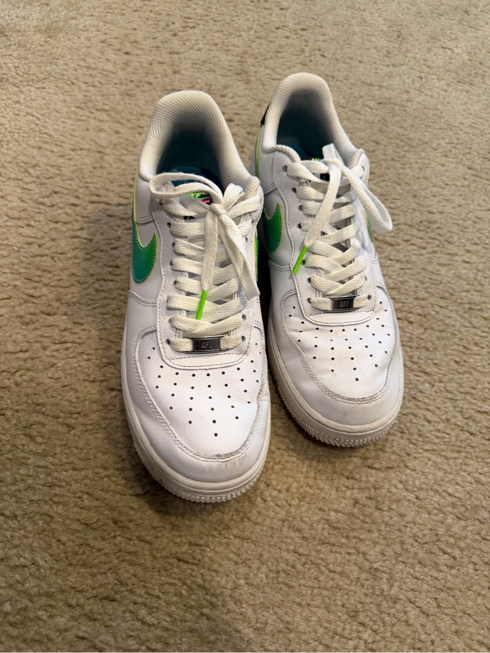 Nike White Air Force One Sneakers with Neon Green Swoosh and Neon Lace Tips